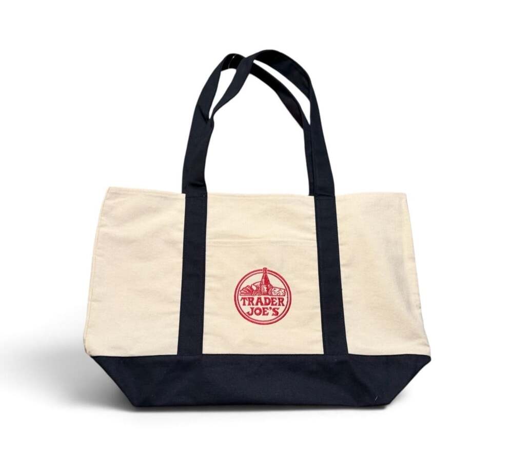 Trader Joe’s Large Canvas Tote Bag Natural Navy Red Logo Grocery NEW